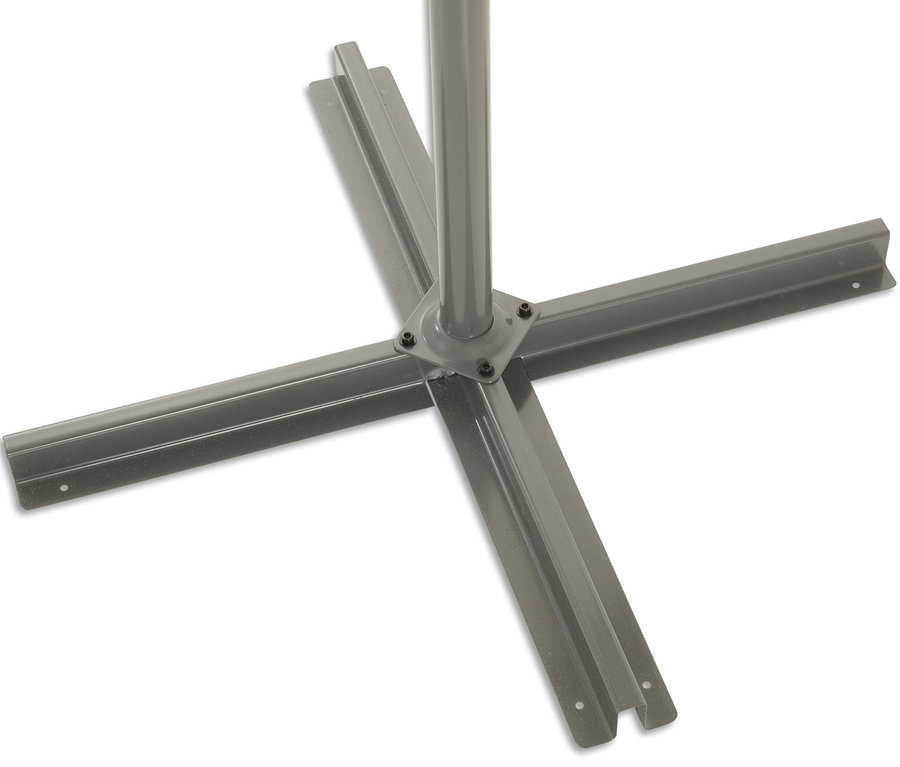 Nahaufnahme des anthrazitfarbenen Metallfußkreuzes eines Leco Ampelschirms, Ø ca. 300 cm.