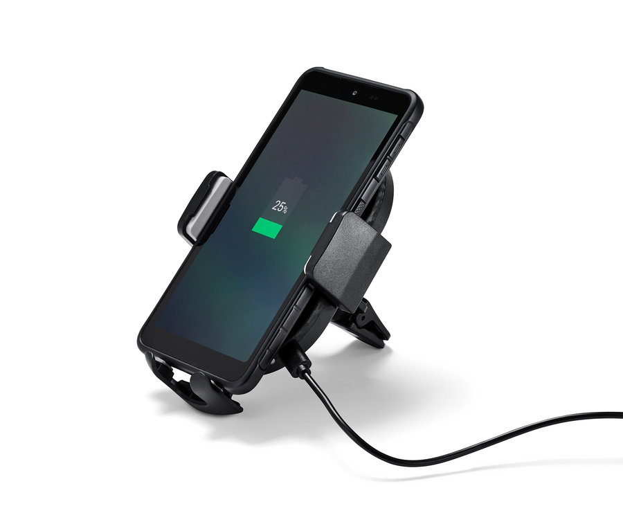 Schwarzes Smartphone in Smartphone-Halterung mit Ladefunktion, das Display zeigt 25 % Akku.