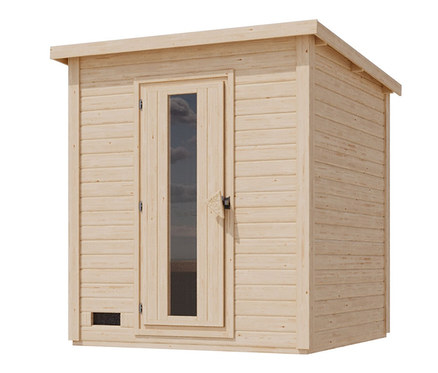 Außenansicht der Karibu Sauna "Elli 2" mit Holzwänden und Glastür.