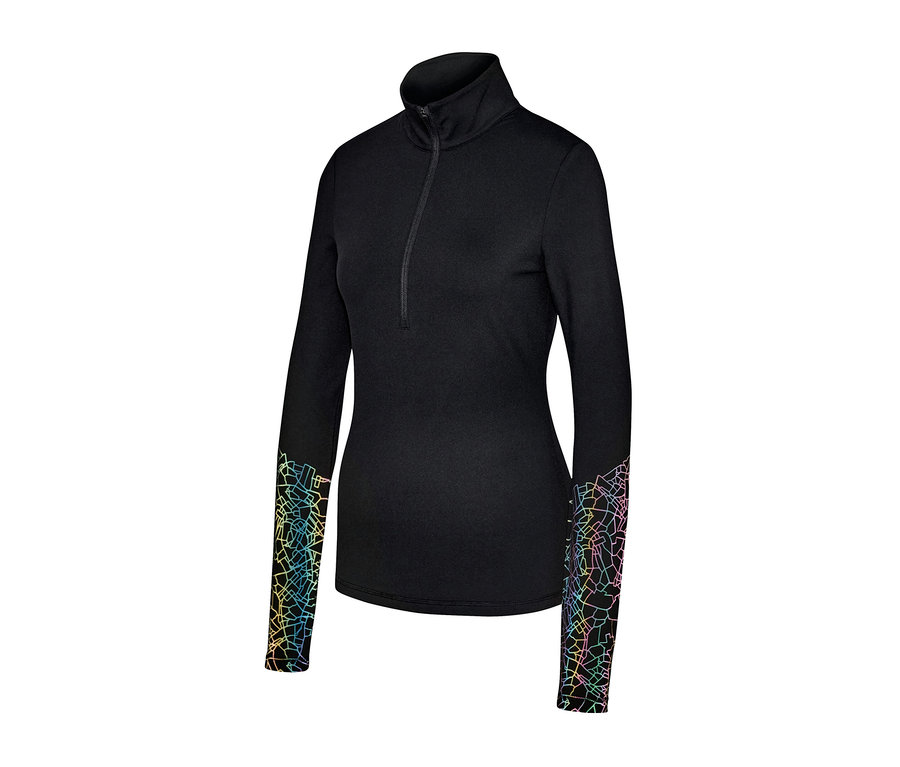 Schwarzes Thermo-Funktionsshirt mit langen Ärmeln und farbigem geometrischen Muster an den Ärmeln.