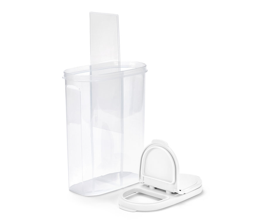 Eine durchsichtige 2-in-1-Vorratsdose mit offenem, weißen Deckel.