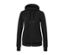 Schwarze Sweatjacke mit Reißverschluss und Kapuze.