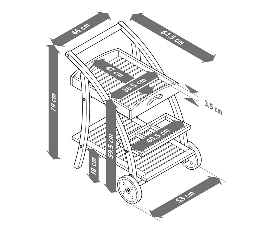 Illustration eines Barwagens mit abnehmbarem Tablett und Abmessungen.