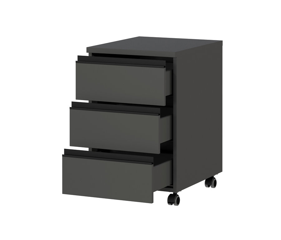 Graphitfarbener Rollcontainer »Bedano« mit drei Schubladen, von denen zwei geöffnet sind.