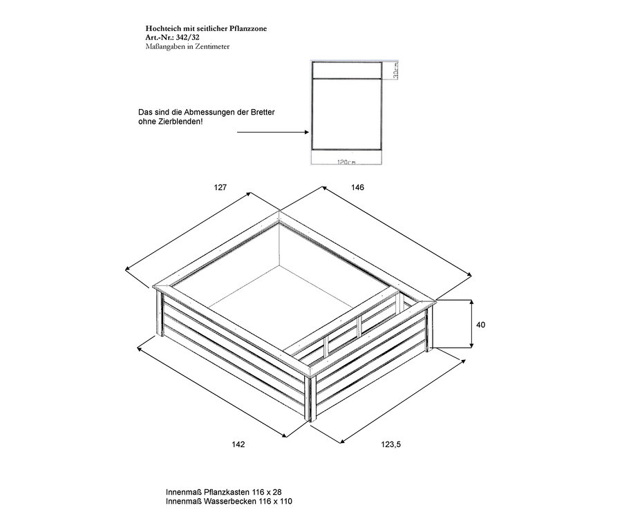 Diagramm einer Promadino Wassermühle mit Hochteich, Komplett-Set mit Abmessungen.