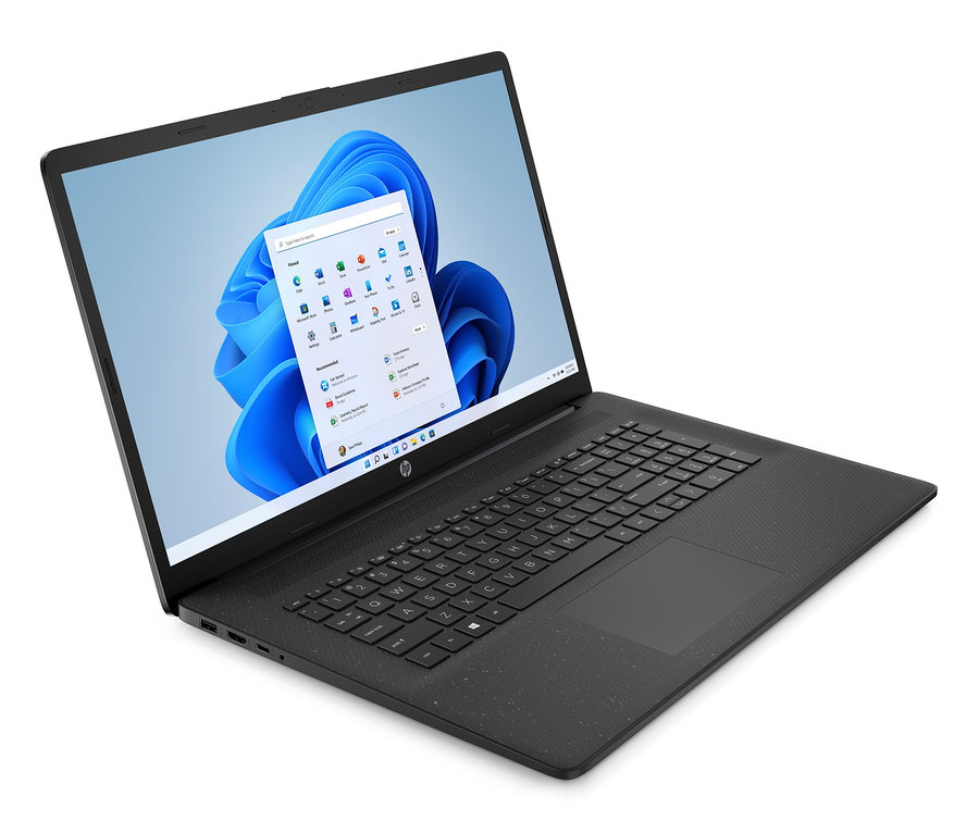 Ein geöffnetes, schwarzes HP 17-cn0430ng Notebook zeigt den Windows Startbildschirm.
