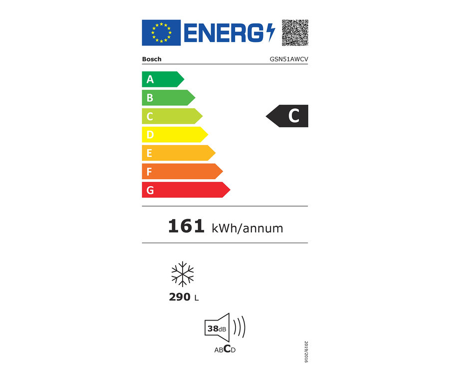 Energielabel des Bosch Gefrierschranks »GSN51AWCV«, C (von A bis G), 290 Liter, 161 kWh/annum, 38dB