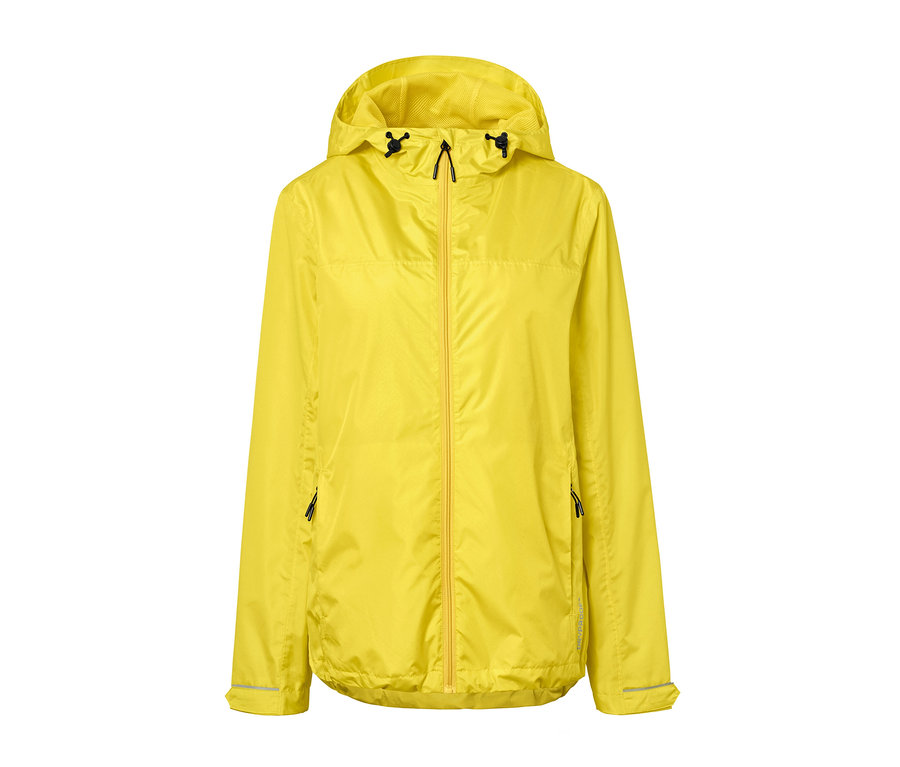 Gelbe Unisex-Regenjacke mit Kapuze und Reißverschluss.