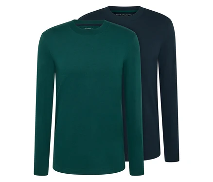 Zwei Langarm-Shirts, eins in Grün und eins in Dunkelblau.