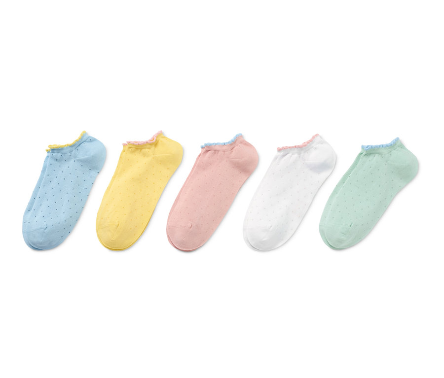 Fünf Paar Sneakersocken in den Farben Blau, Gelb, Rosa, Weiss und Grün.