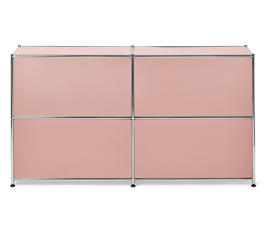Rosa Schrank mit vier Fächern und silbernem Rahmen.