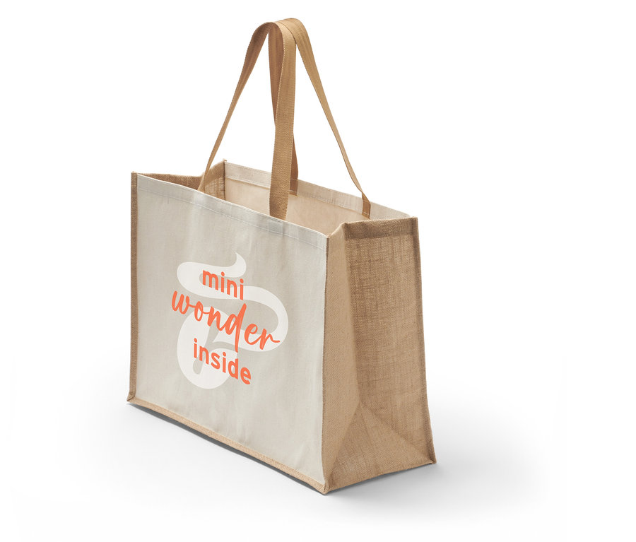 Beige »Esperto mini« Einkaufstasche mit dem Aufdruck "mini wonder inside".