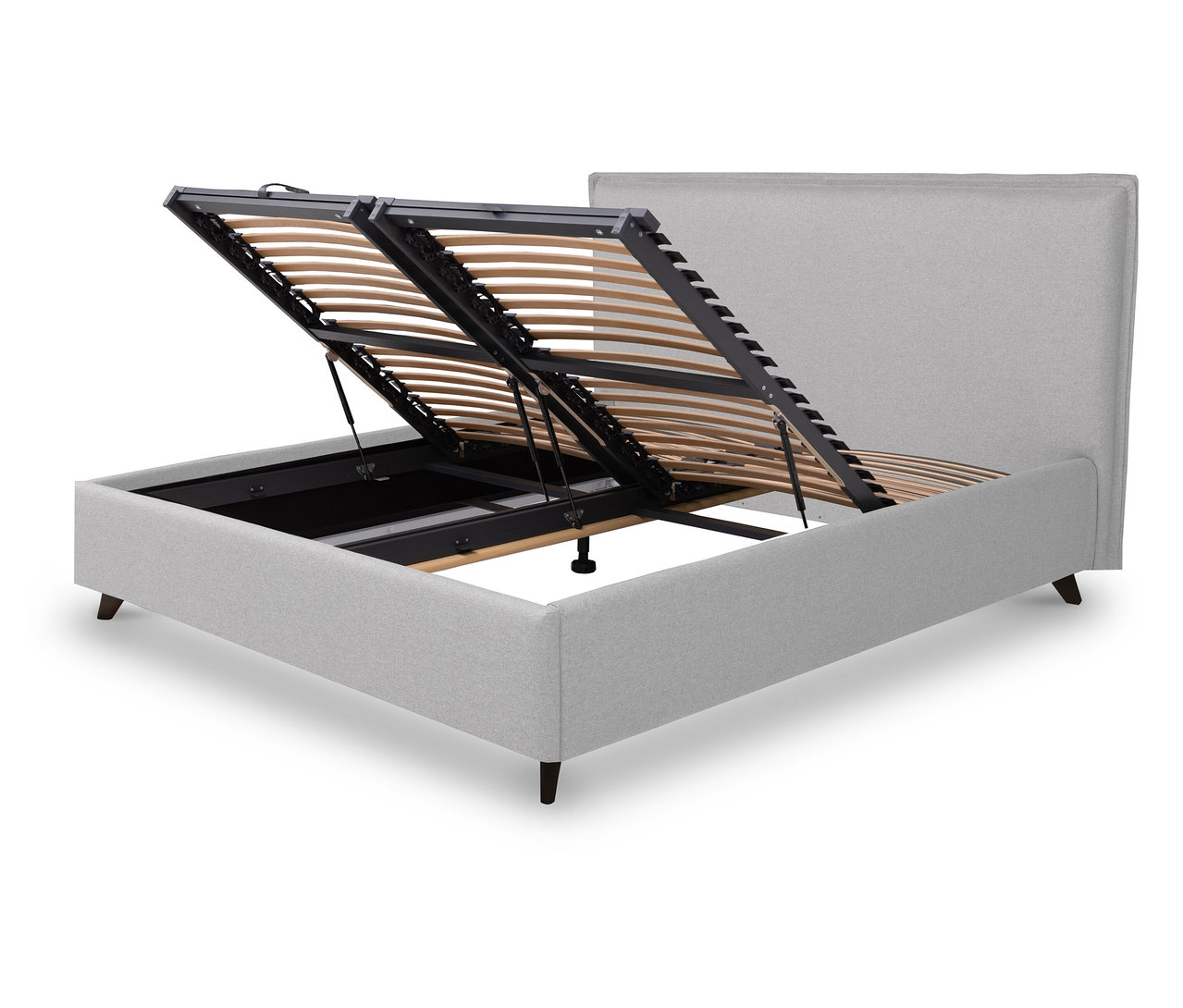 Graues TEMPUR FORM™ Bett PLAIN, 180 x 200 cm mit geöffnetem Stauraum.