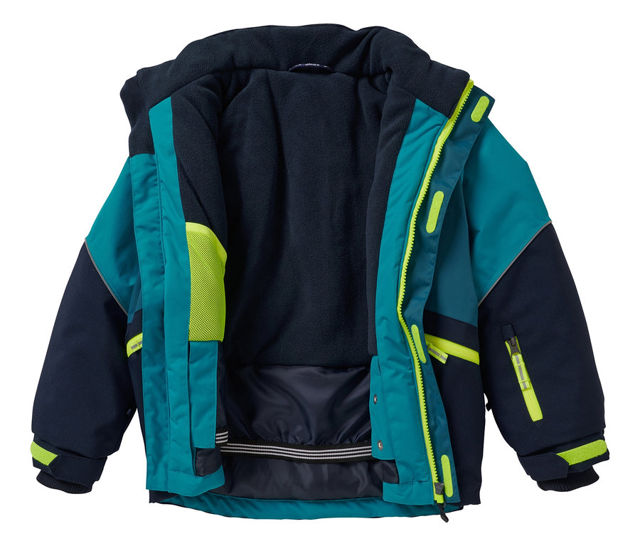 Geöffnete, dunkel türkis JAKO-O Kinder-Robustjacke liegt auf einem weißen Hintergrund.
