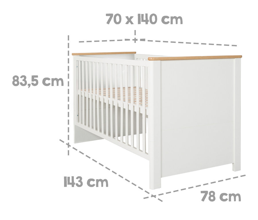 Abmessungen von einem weißen Kinderbett mit Holzrahmen sind 70 x 140 cm.