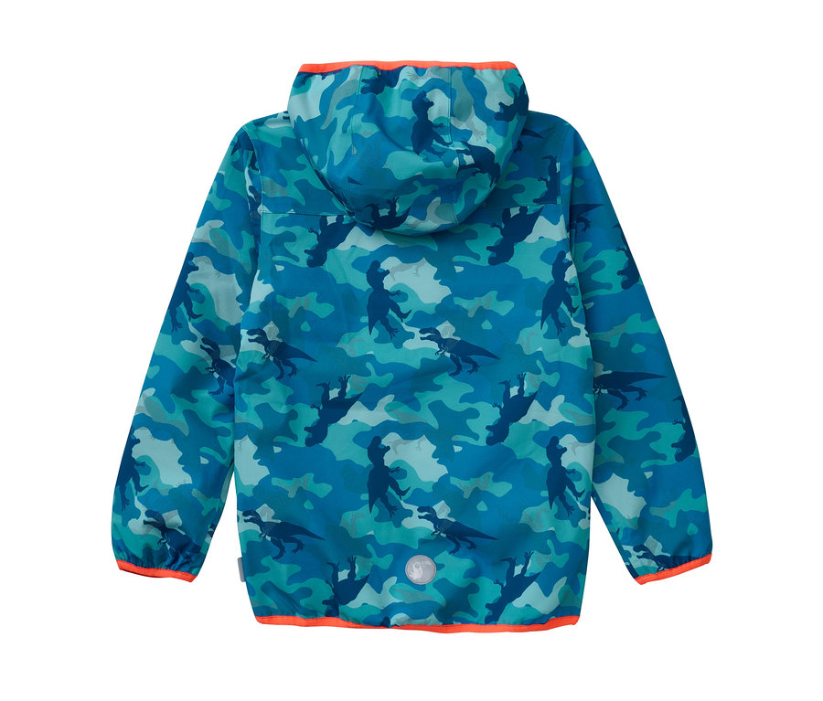 Jako-O Softshelljacke, blau mit Dinosaurier-Muster.