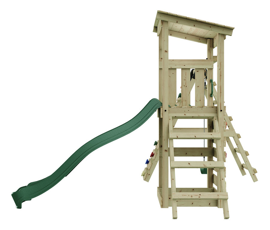 Ein hölzerner Kinderspielturm mit Rutsche, Kletterwand und Leiter. Im Fokus ist der weka Spielturm »Sevilla«.