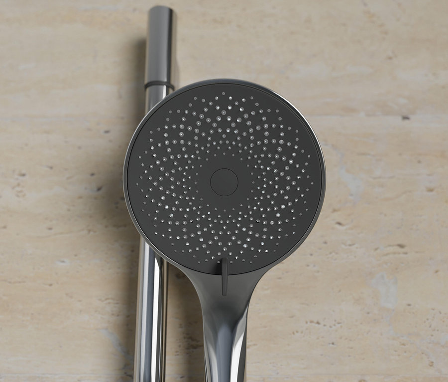 Detailaufnahme eines verchromten Brausestangen-Sets »CAPRI«.