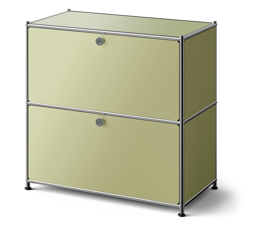 Grüner Schrank mit zwei Schubladen und silbernem Rahmen.