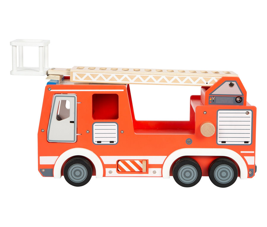 Rotes hölzernes Feuerwehrauto mit weißer Leiter.