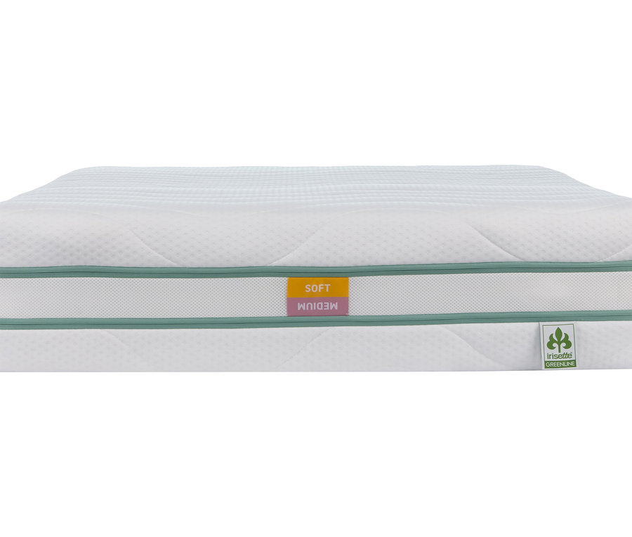 Nahaufnahme einer Irisette Matratze Greenline "Duo KS" mit Härtegradanzeige Soft und Medium.