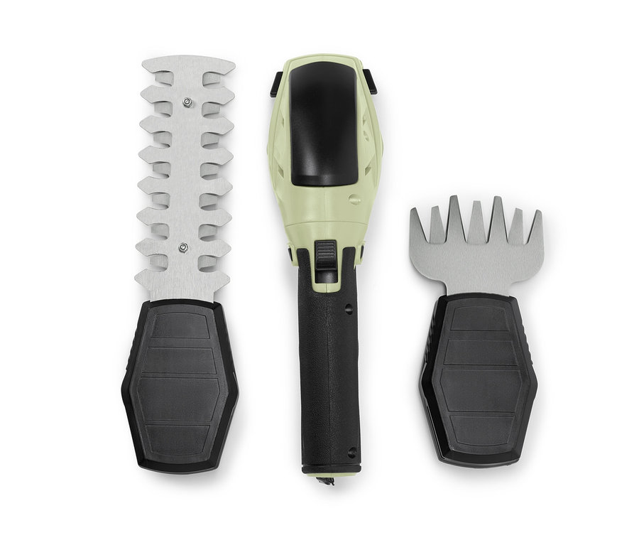 Akku-Gartenschere mit Rasen- und Strauchaufsätzen.