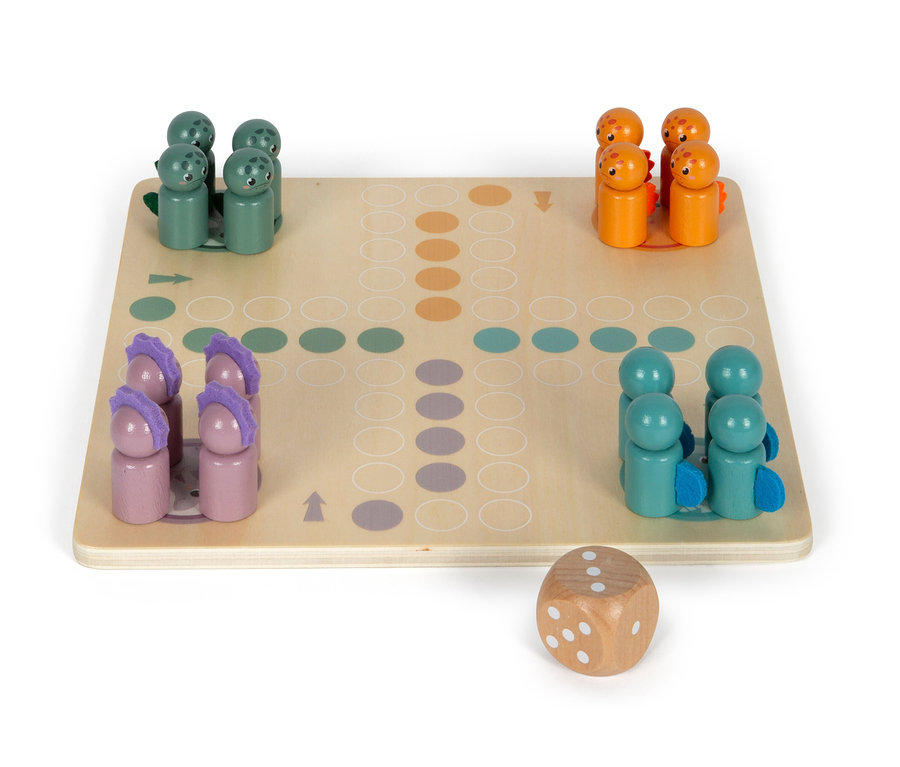 Spielbrett mit Holzfiguren und Würfel. Es handelt sich um ein "small foot Spiele-Set »Dino«".
