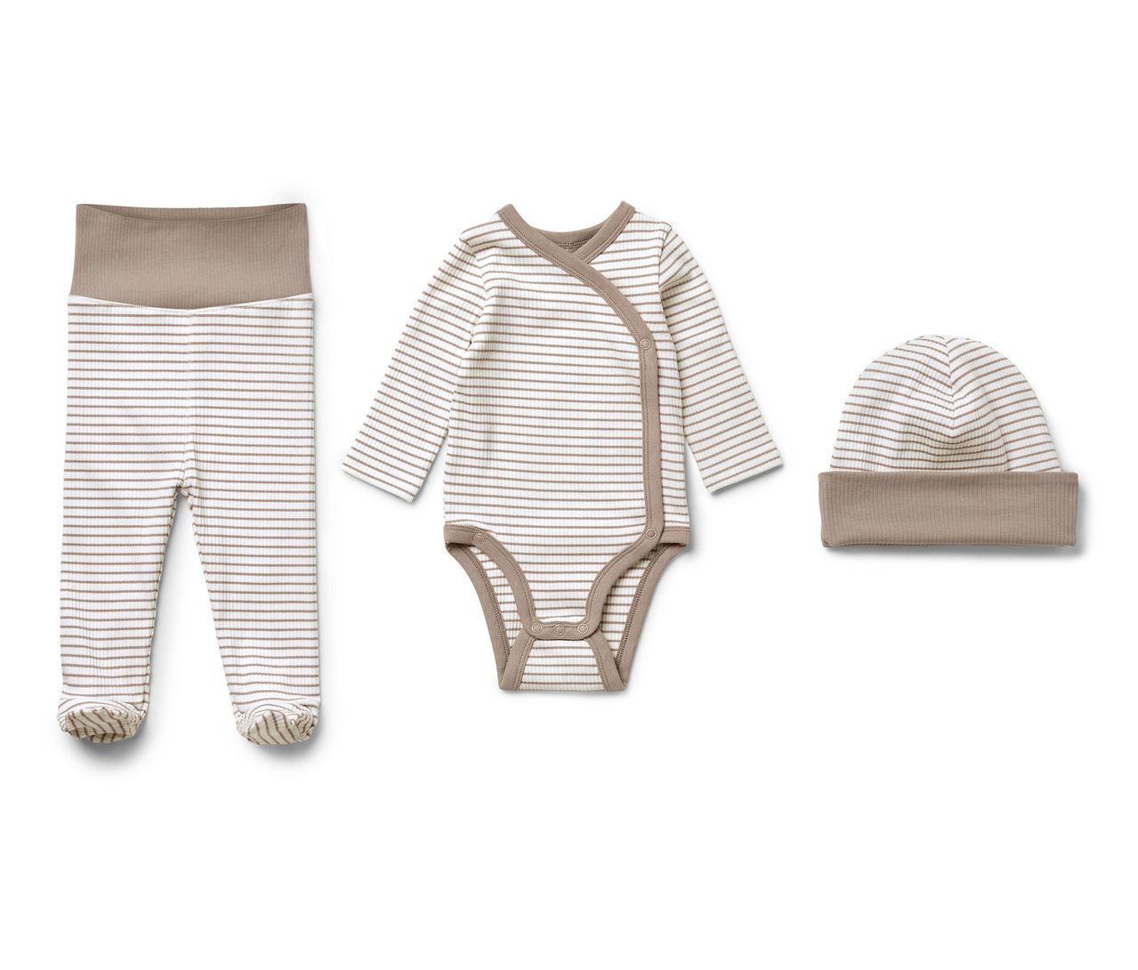 Dreiteiliges Baby-Set mit gestreiftem Body, Hose und Mütze.