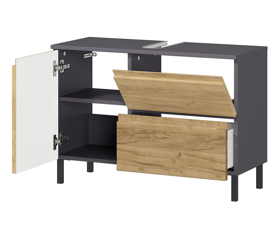 Waschbeckenunterschrank »Salinas«, groß, graphit/eiche, mit geöffneter Tür und Schublade.