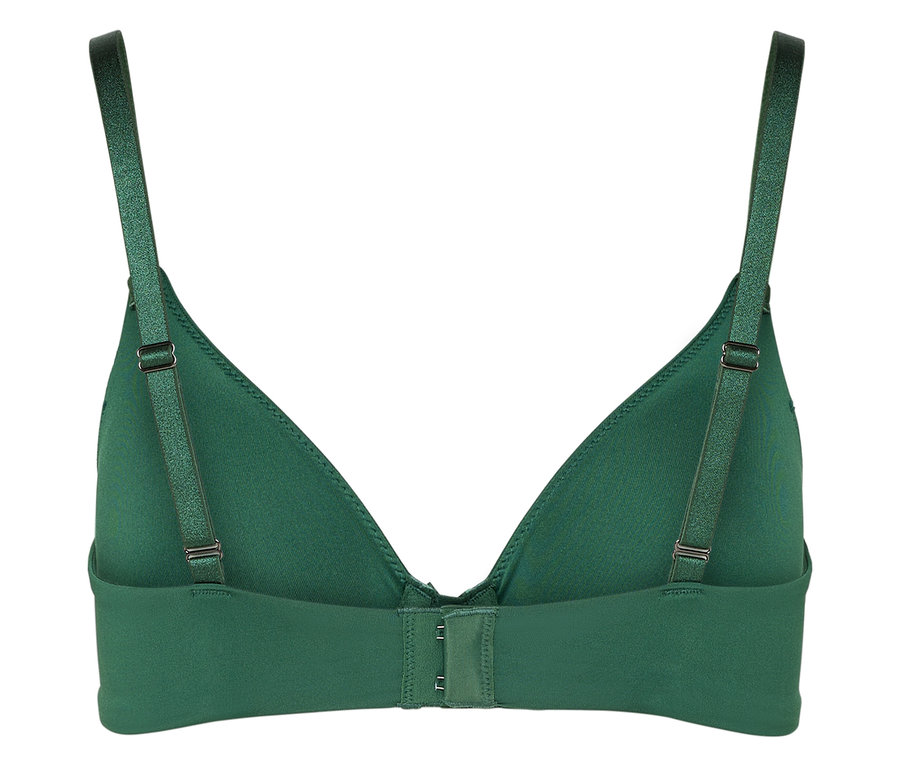 Rückansicht eines grünen BHs mit verstellbaren Trägern und Hakenverschluss.