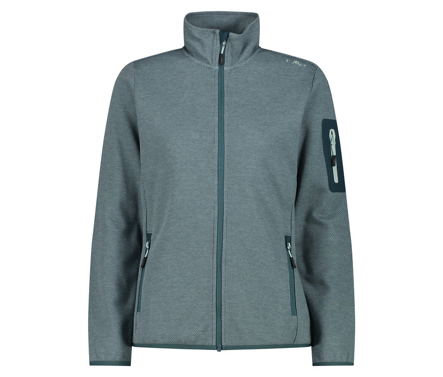 Blaugrüne Fleecejacke mit Reißverschluss und Taschen.