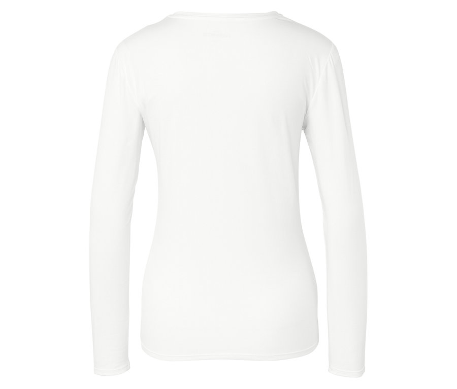 Rückansicht einer weißen, langärmligen Bluse.