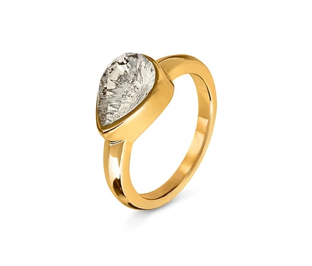 Detailaufnahme eines goldenen Rings mit einem klaren, tropfenförmigen Stein.