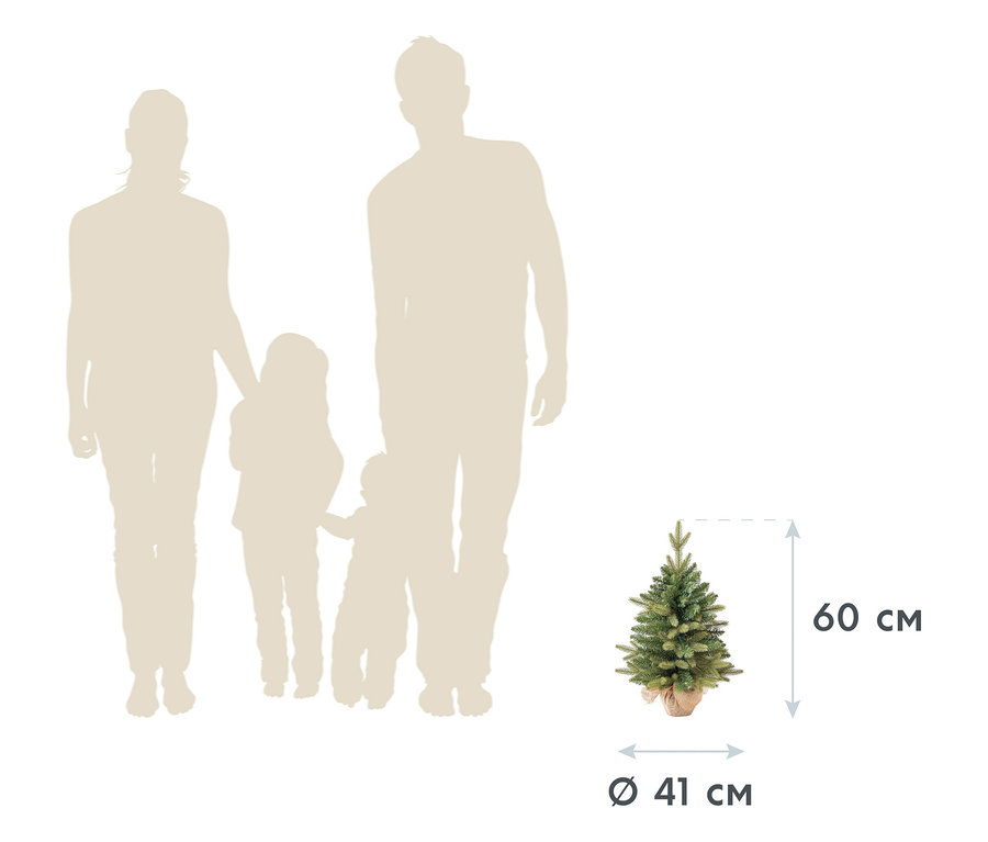 Schattenrisse einer Familie und eines kleinen Weihnachtsbaums mit Abmessungen.