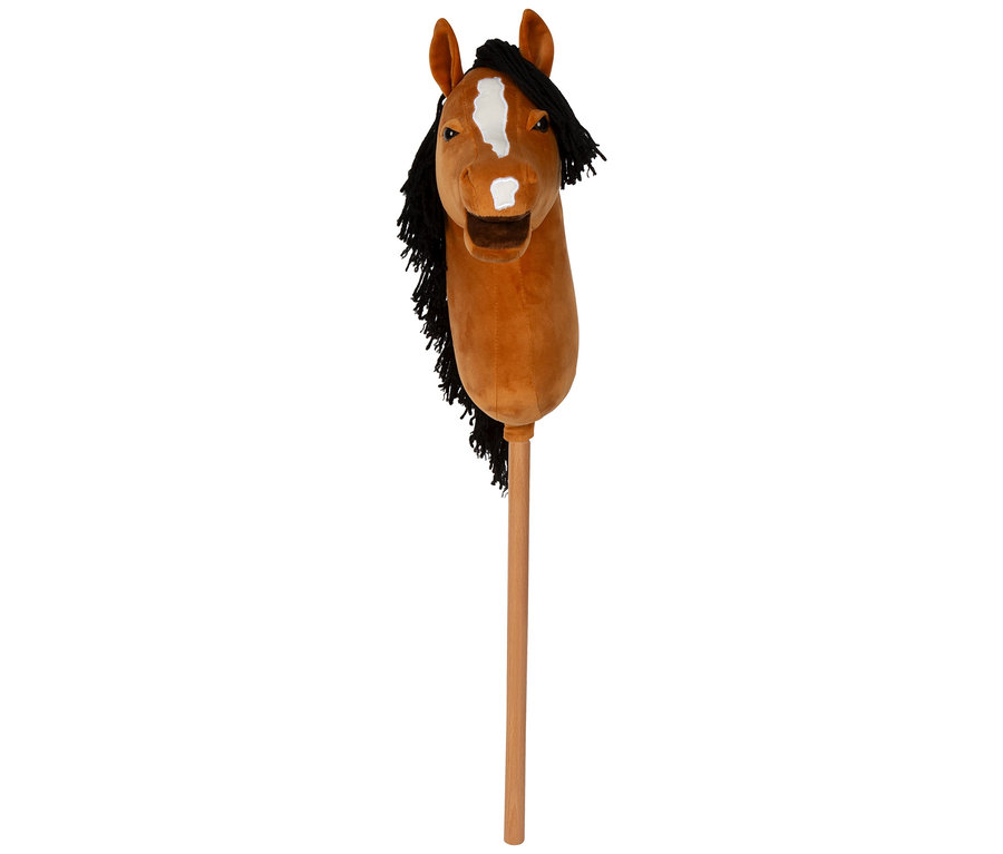 Nahaufnahme von small foot Hobby-Horse »Melodie« mit braunem Kopf und schwarzer Mähne auf einem Holzstab.