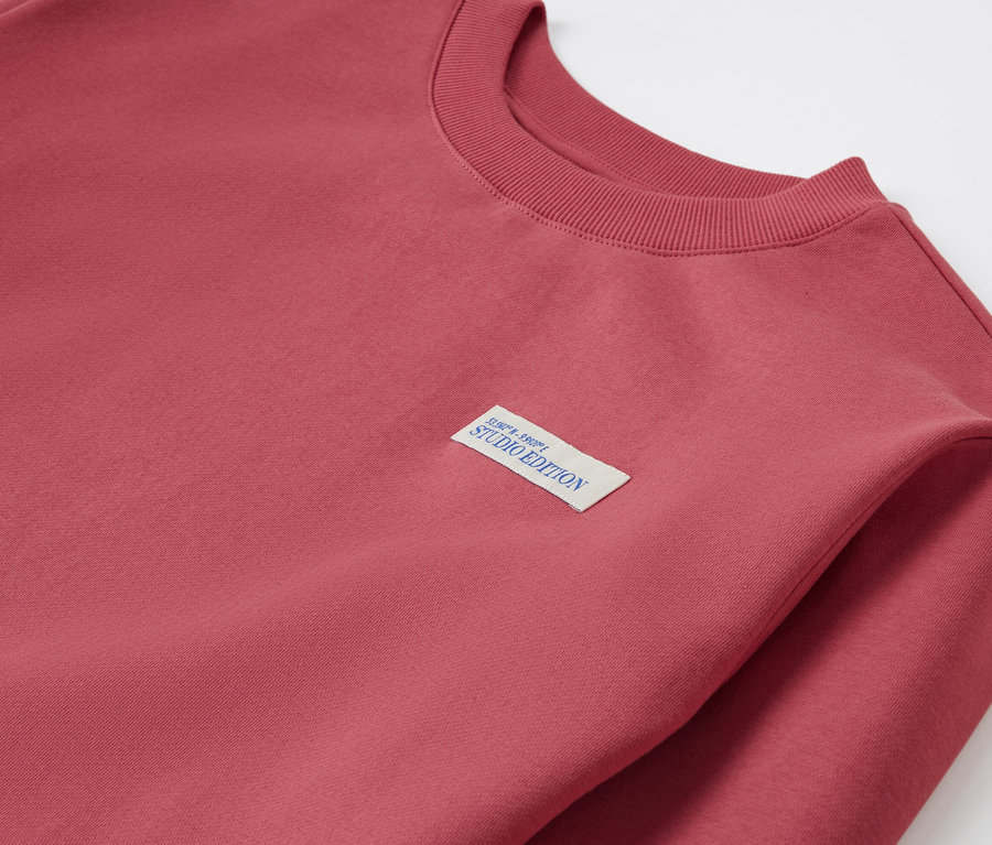 Detailansicht eines Kinder-Sweatshirts in Rot mit Studio Edition Aufnäher.
