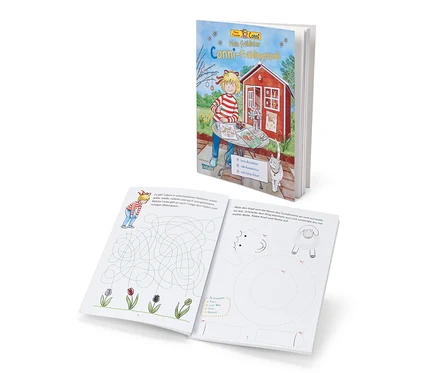 Geöffnetes Buch »Mein fröhlicher Conni-Frühlingsspaß« mit Illustrationen und Aktivitäten.