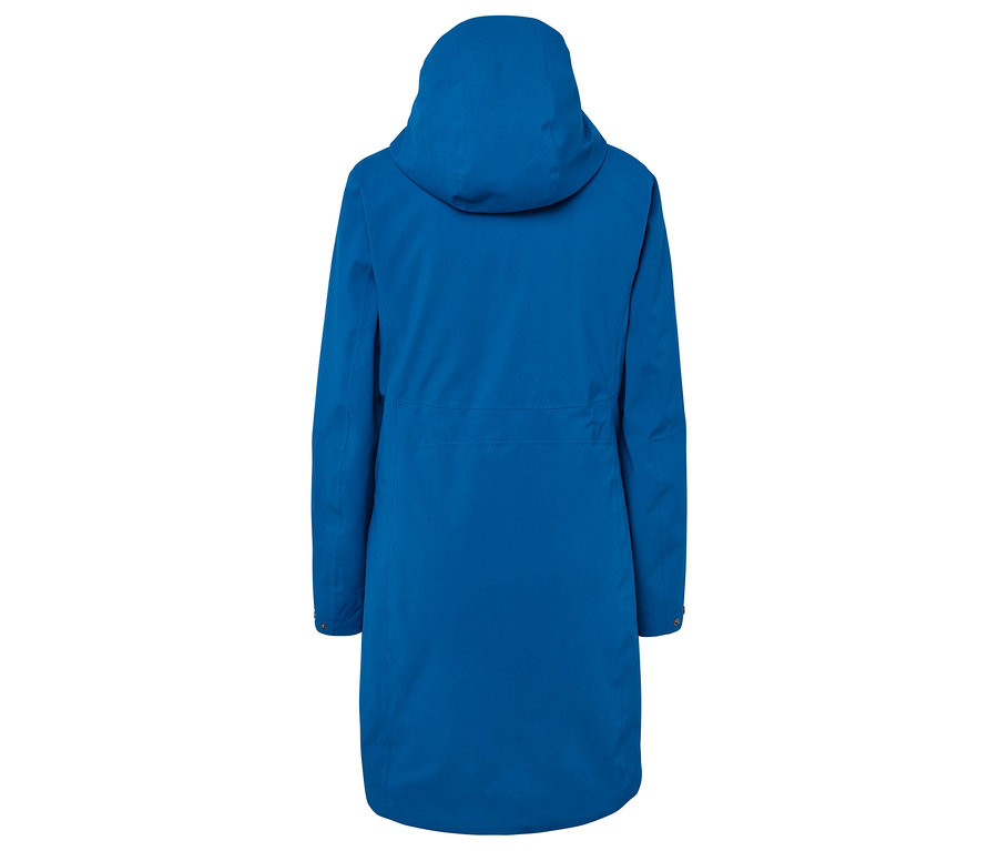 Rückansicht einer blauen Jacke mit Kapuze.
