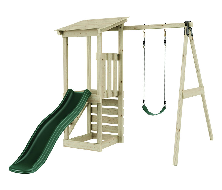 Holz-Klettergerüst mit Rutsche und Schaukel, im Produktnamen genannt weka Spielturm »Lyon«.