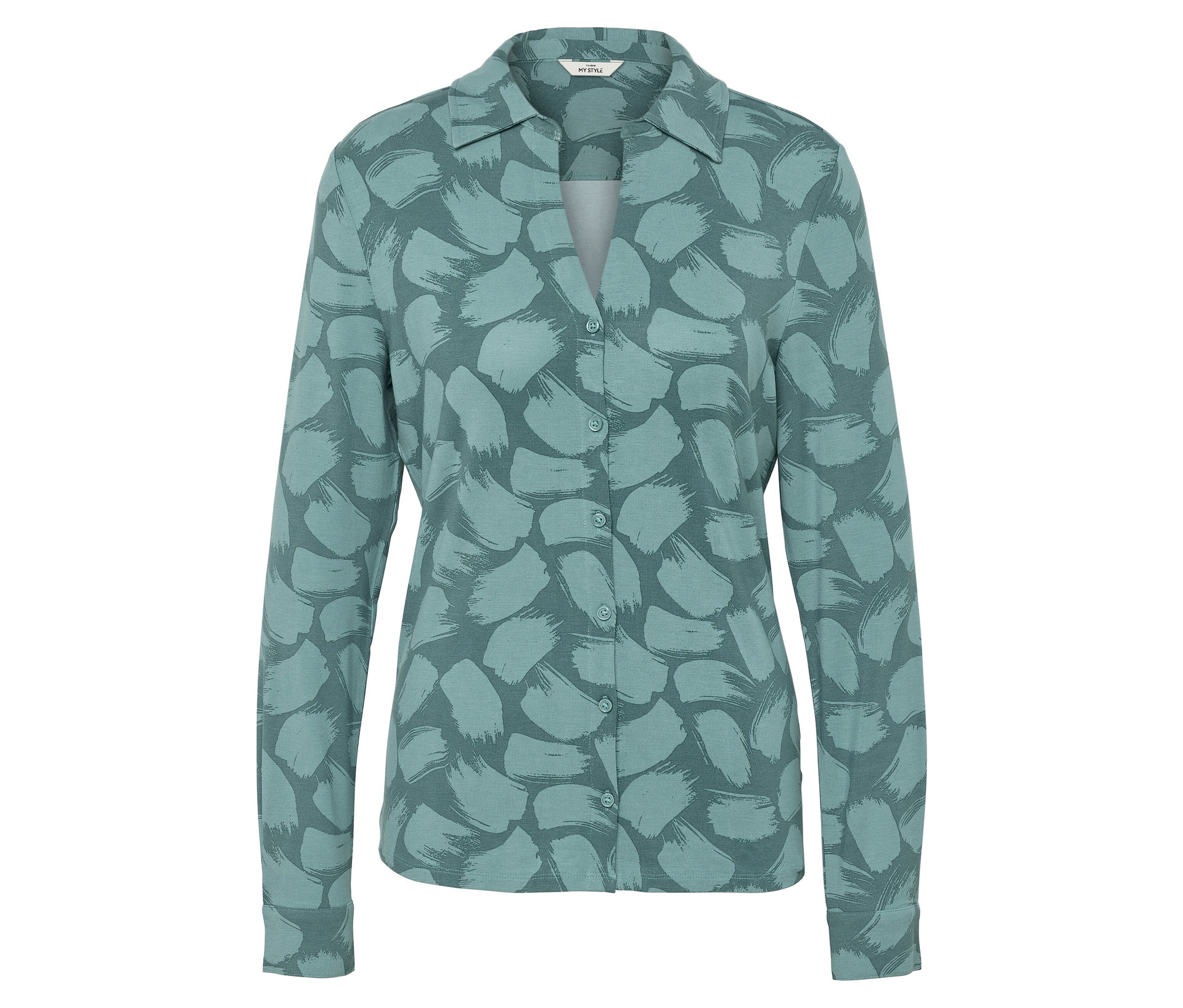 Bedrucktes Blusenshirt mit Knopfleiste - Damen - Gr. L - blau/print - blau