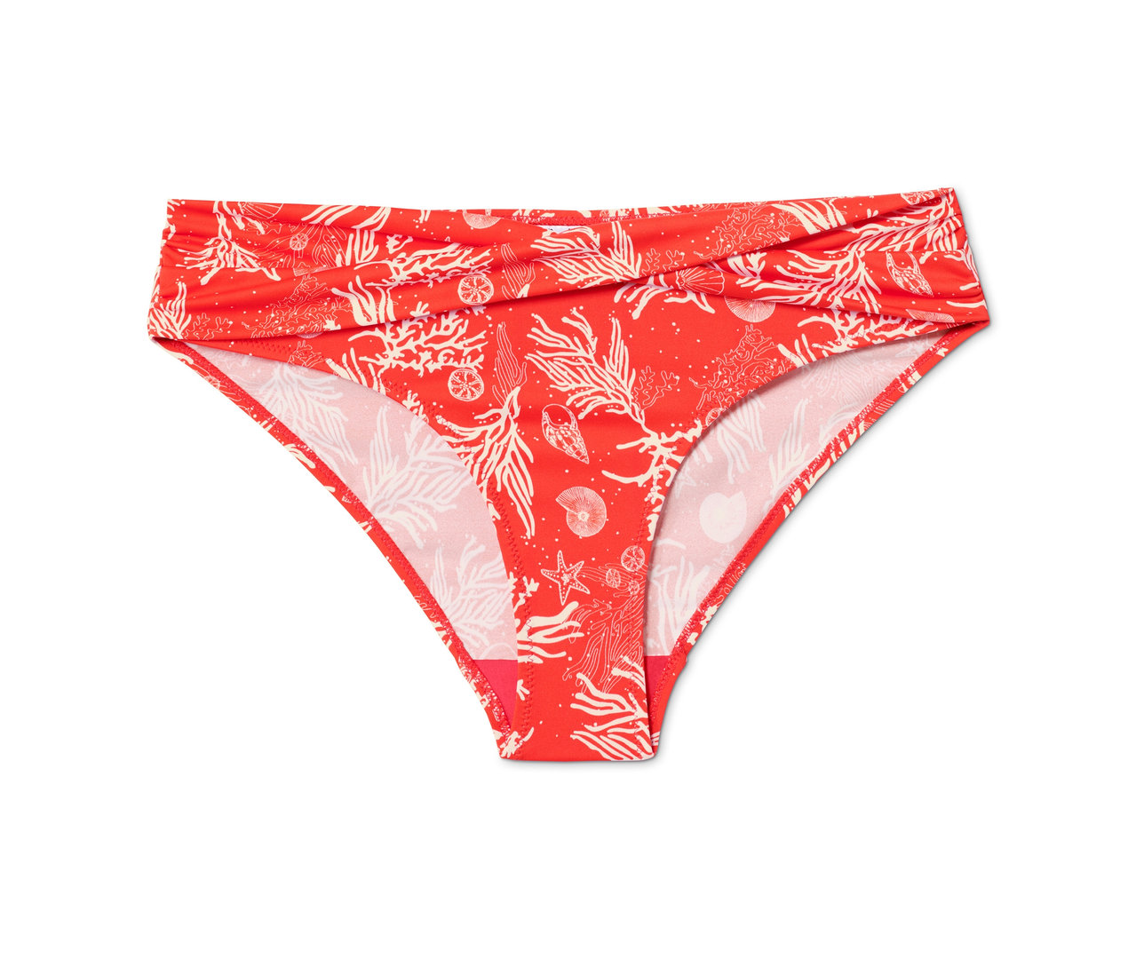 Nahaufnahme eines Bikinislips mit Korallen- und Muschelmuster.