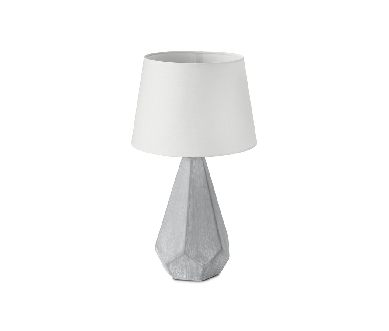 Tischleuchte mit Keramikfuß und weißem Lampenschirm.
