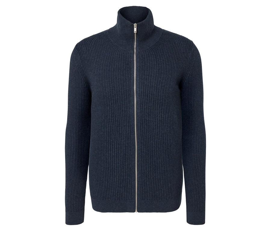 Eine navy melierte Strickjacke mit Reißverschluss.