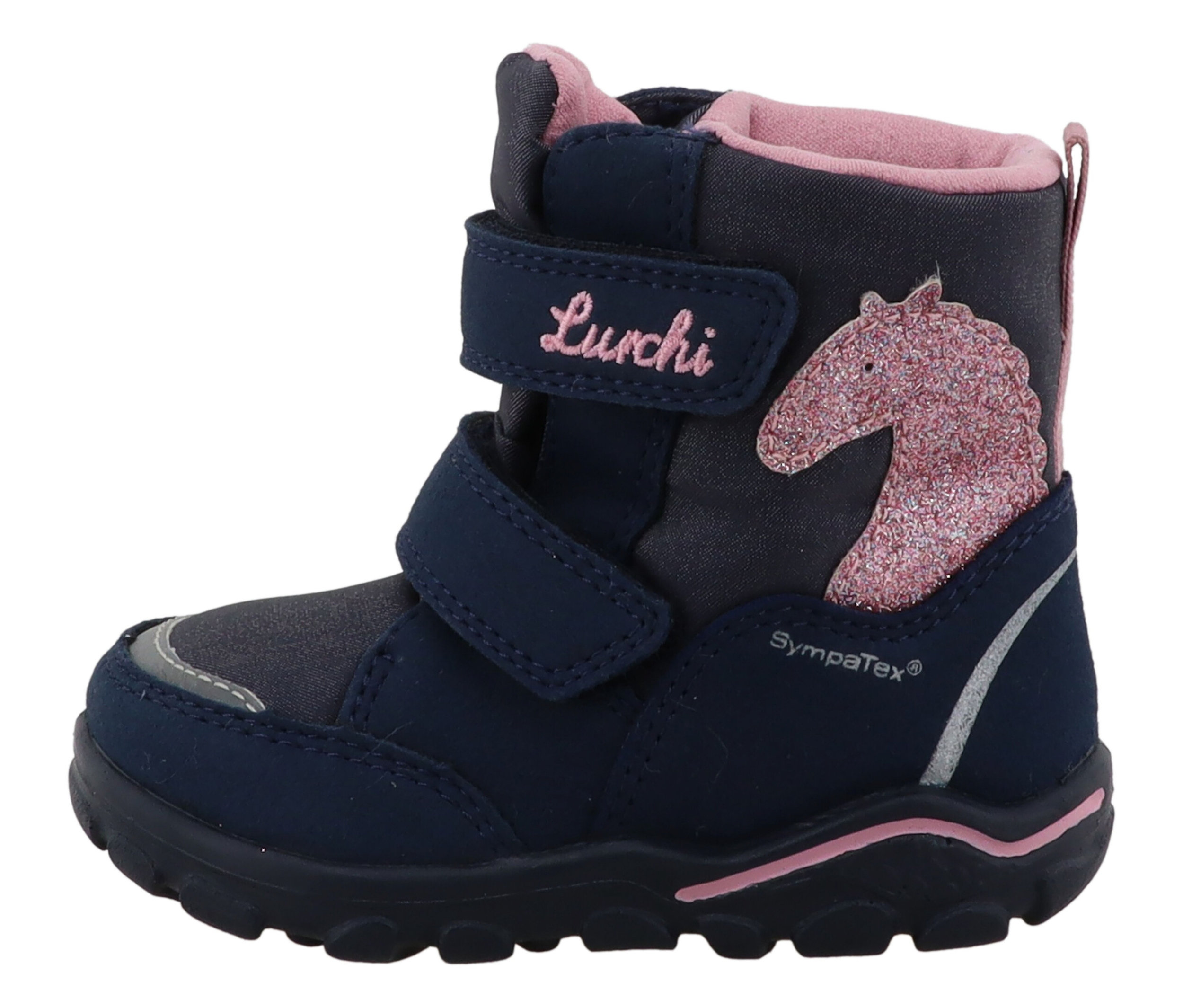 Blauer LURCHI »Kalea-SYMPATEX« Winterstiefel für Kinder mit rosa Pferd.