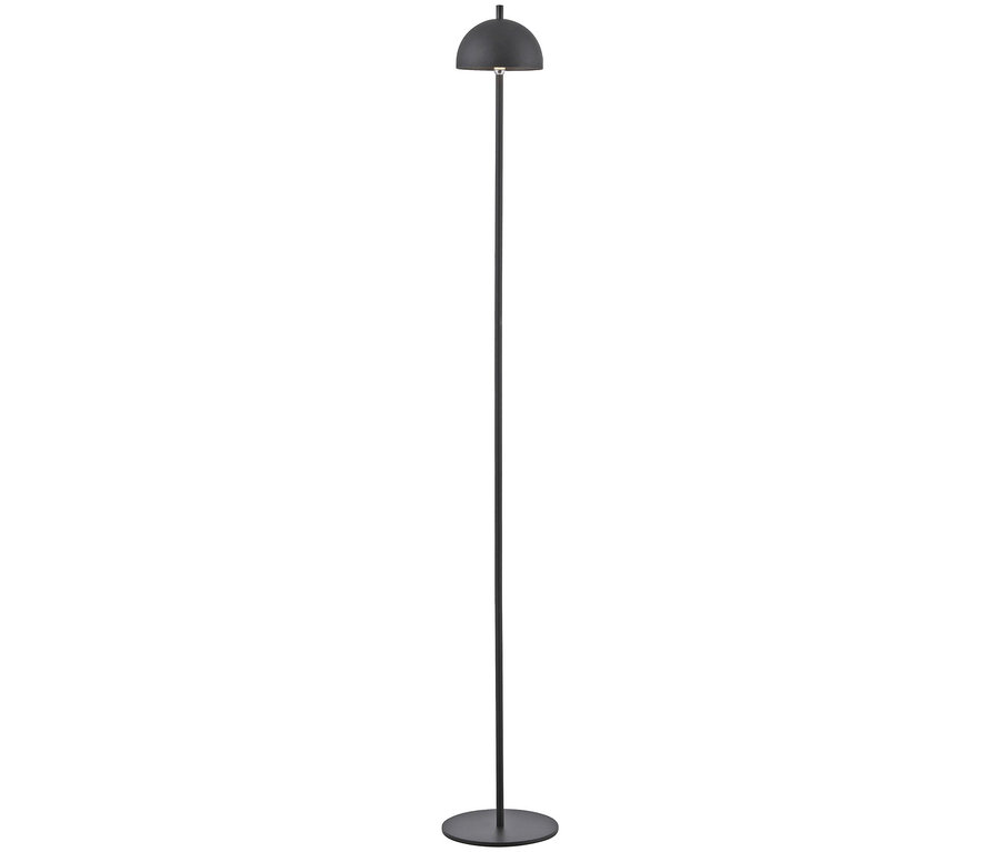 Schwarze Stehlampe mit rundem Schirm und kreisförmigem Fuß.