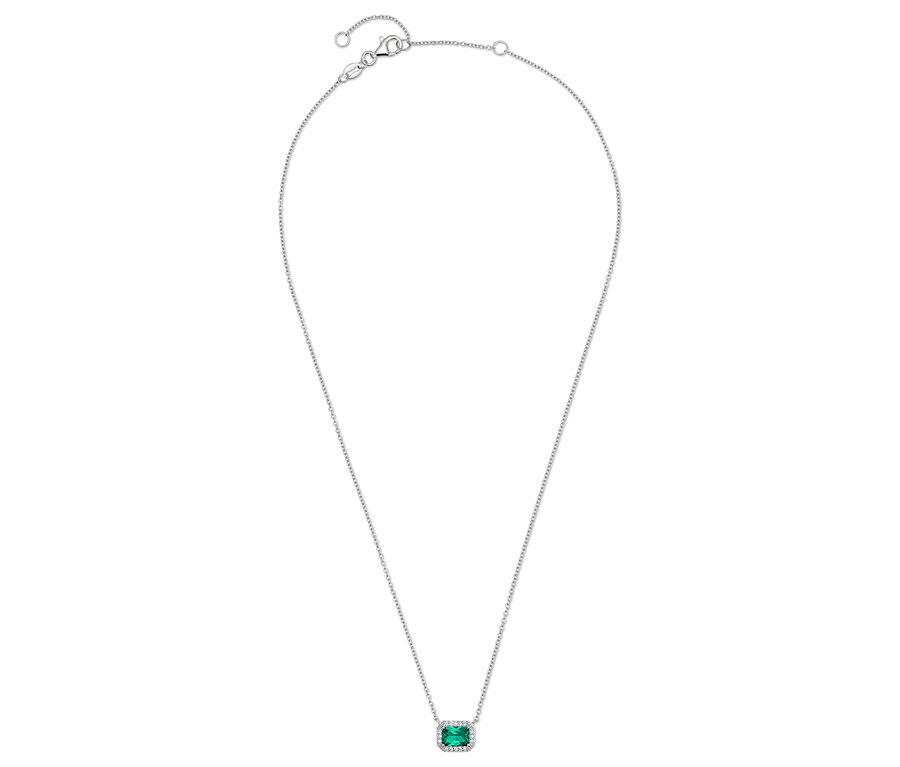Silberne Halskette mit rechteckigem, grünem Stein.