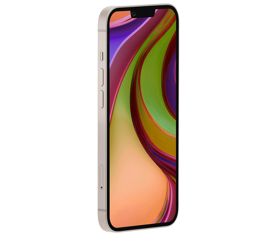 Detailansicht eines Apple iPhone 14 mit 128 GB in Polarstern. Das Display zeigt einen abstrakten, farbenfrohen Hintergrund.