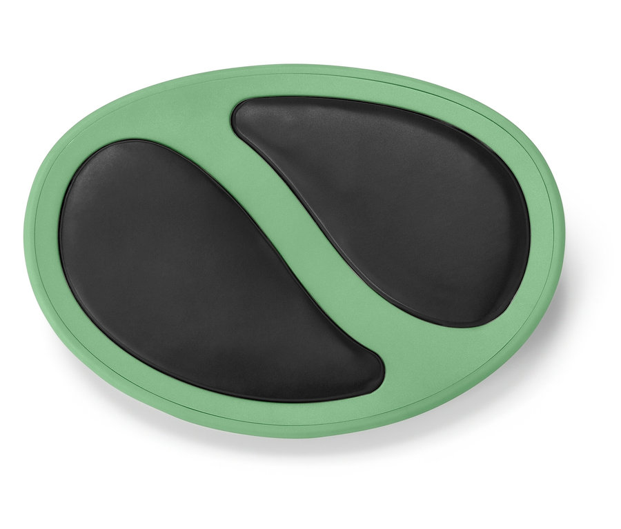 Ein hellgrünes, ovales Pad mit zwei schwarzen, ovalen Vertiefungen.