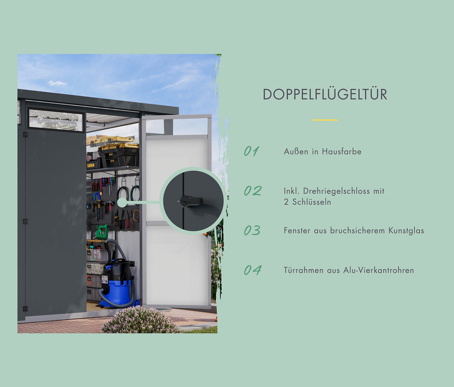 Geöffneter Eingang zu einem Karibu Metall-Gerätehaus mit Werkzeugen im Inneren.