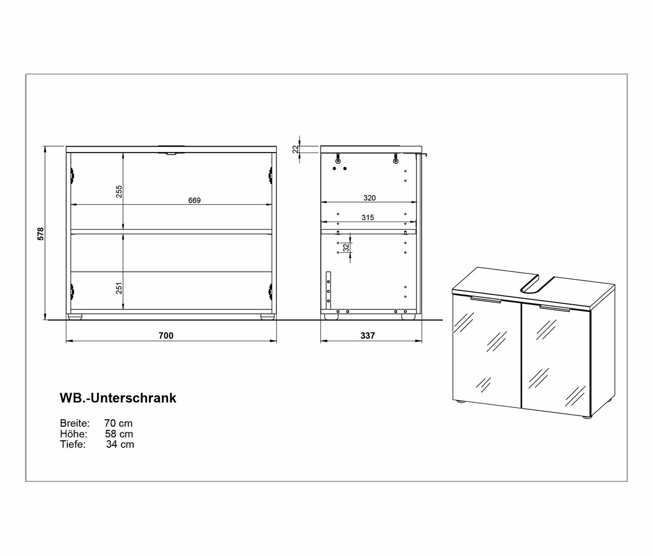 Technische Zeichnung eines WB.-Unterschranks mit Breiten-, Höhen- und Tiefenangaben.